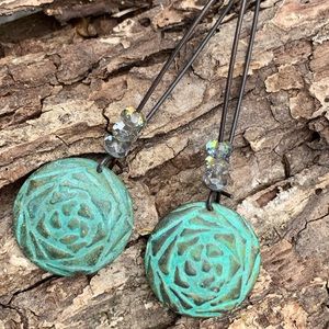 Cabbage Rose Verdigris Patina Earrings